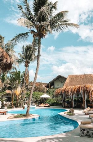 thatch huts and houses by the pool during day